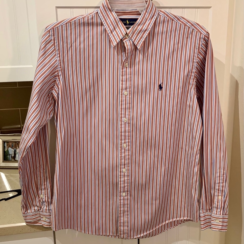 Men’s RALPH LAUREN Orange/Blue Striped POLO Size L
